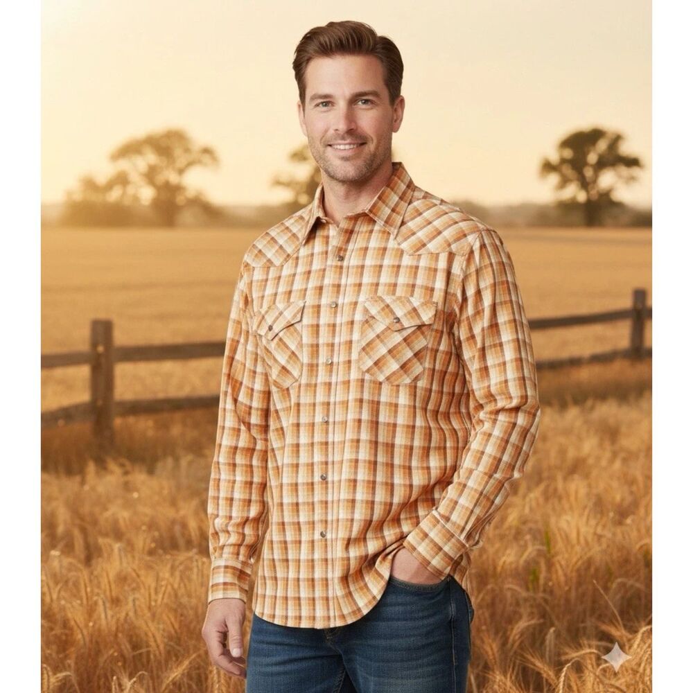 Resistol RU University shirt mens Sz L Plaid Western snap Front pockets rodeo